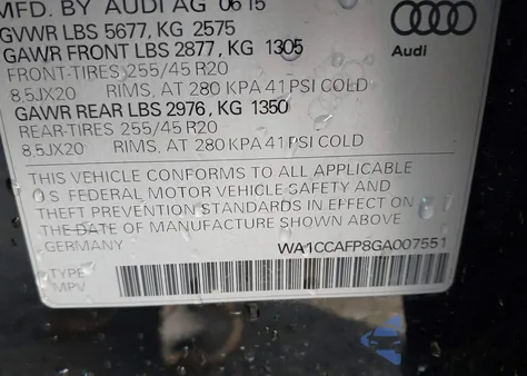 2016 Audi Sq5 3.0T Premium Plus z USA, uszkodzony, nr VIN WA1CCAFP8GA007551